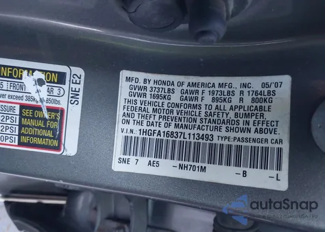 2007 Honda Civic Ex z USA, uszkodzony, nr VIN 1HGFA16837L113493